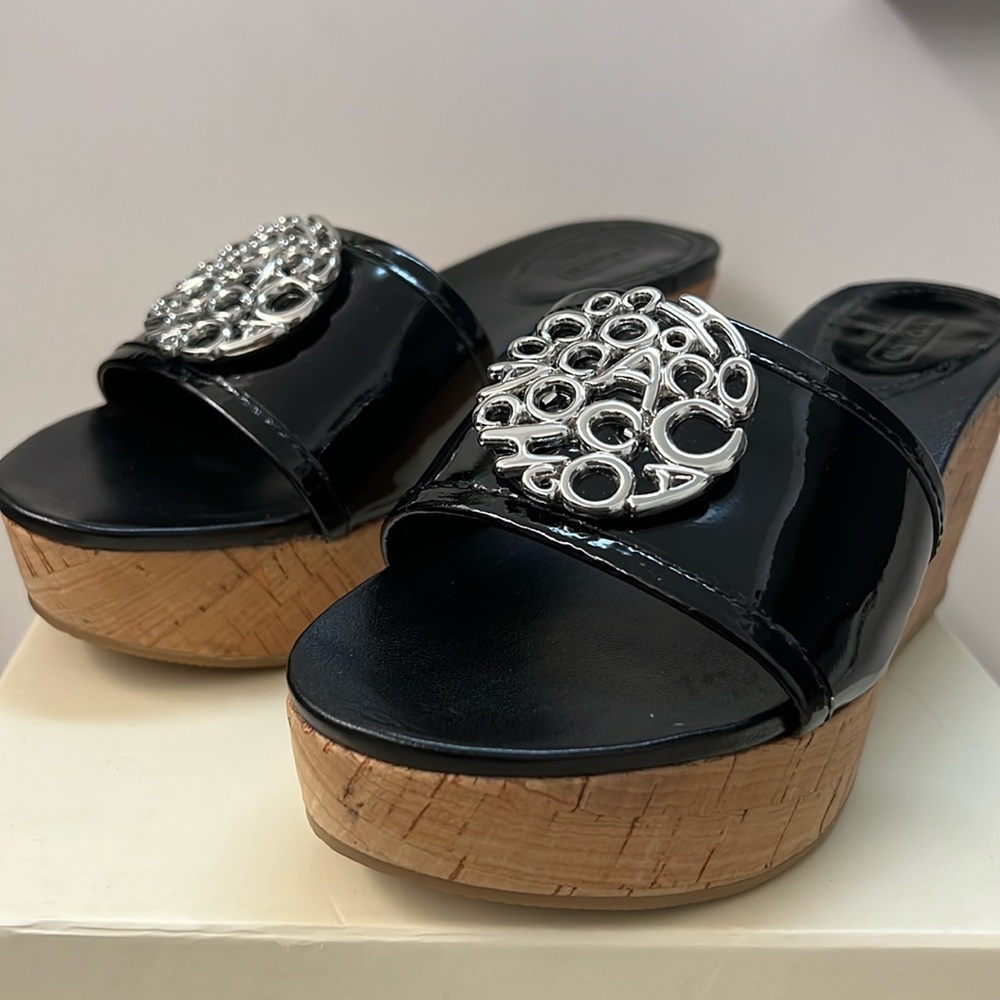 Coach Patent Leather Signature Judith Wedge 3 inch Cork heel Sandal. Size 61/2